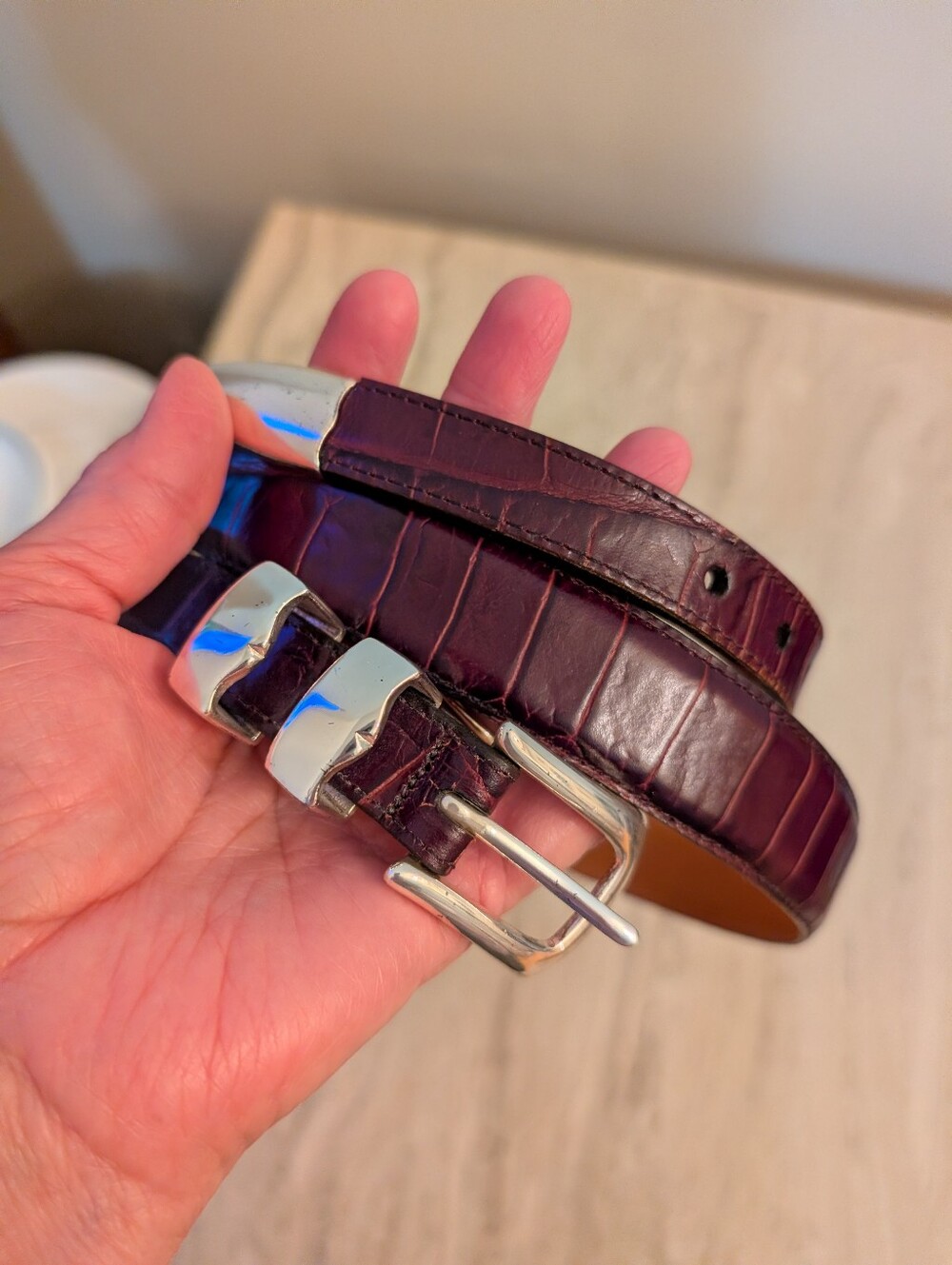 Martin Dingman Burgundy Alligator Grain Calf Leather Belt Sz 40 USA Made Dress